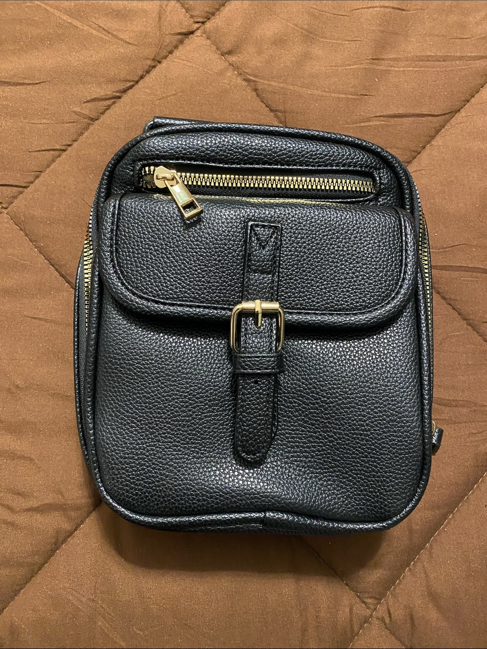Black Leather Crossbody Bag with Gold Hardware